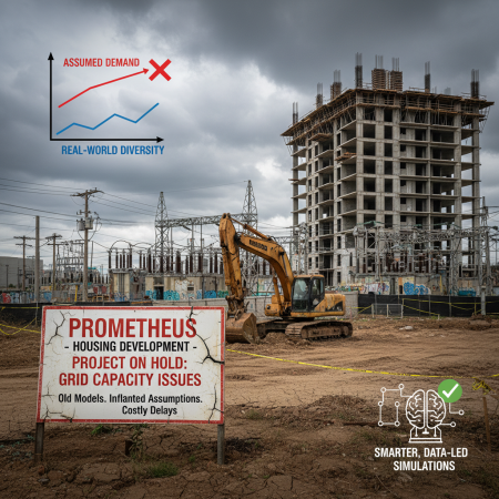 Diagram showing grid capacity bottlenecks and inflated peak demand assumptions stalling housing developments.